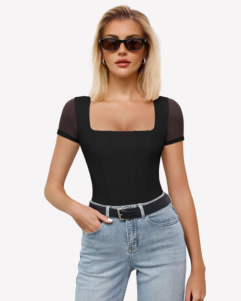 Black square neck mesh bodysuit, perfect for date night or going out ensemble, paired with jeans