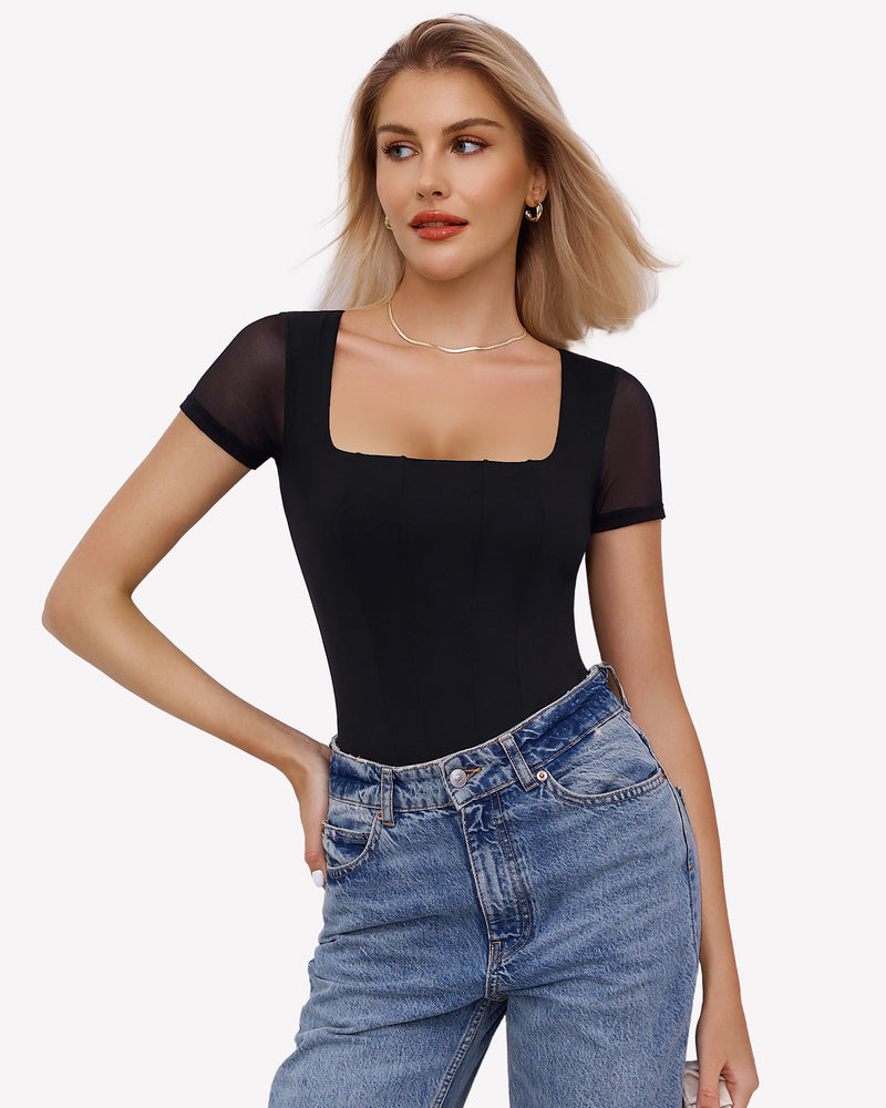 Black square neck mesh bodysuit, perfect for date night or going out, paired with jeans