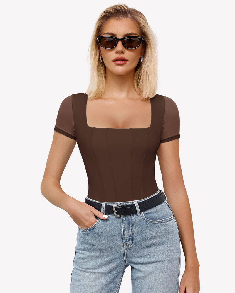 Brown square neck mesh bodysuit with short sleeves, perfect for date night or going out ensemble