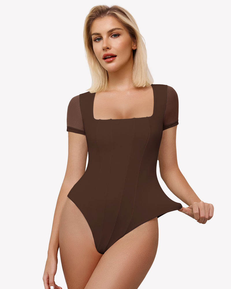 Brown square neck mesh bodysuit, perfect for a date night or going out ensemble, paired with jeans