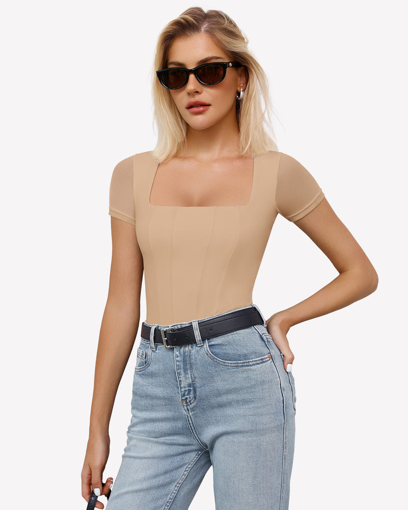 Beige mesh bodysuit with square neck and short sleeves, paired with jeans; perfect for a night out