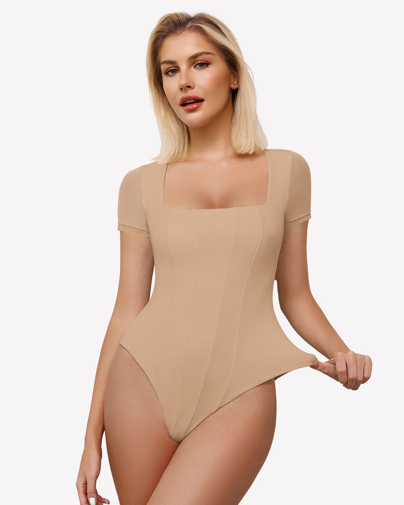 Beige square neck mesh bodysuit with short sleeves, perfect for date night or going out ensemble.