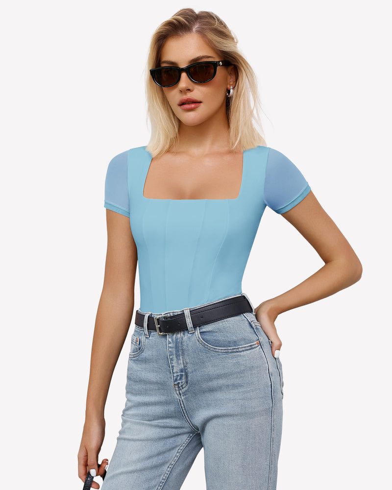 Light blue square neck mesh bodysuit, perfect for a night out ensemble with jeans.