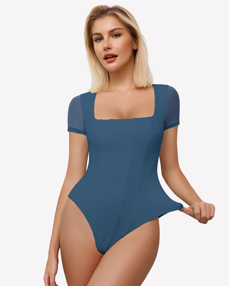 Teal square neck mesh bodysuit with short sleeves, perfect for date night or going out ensemble