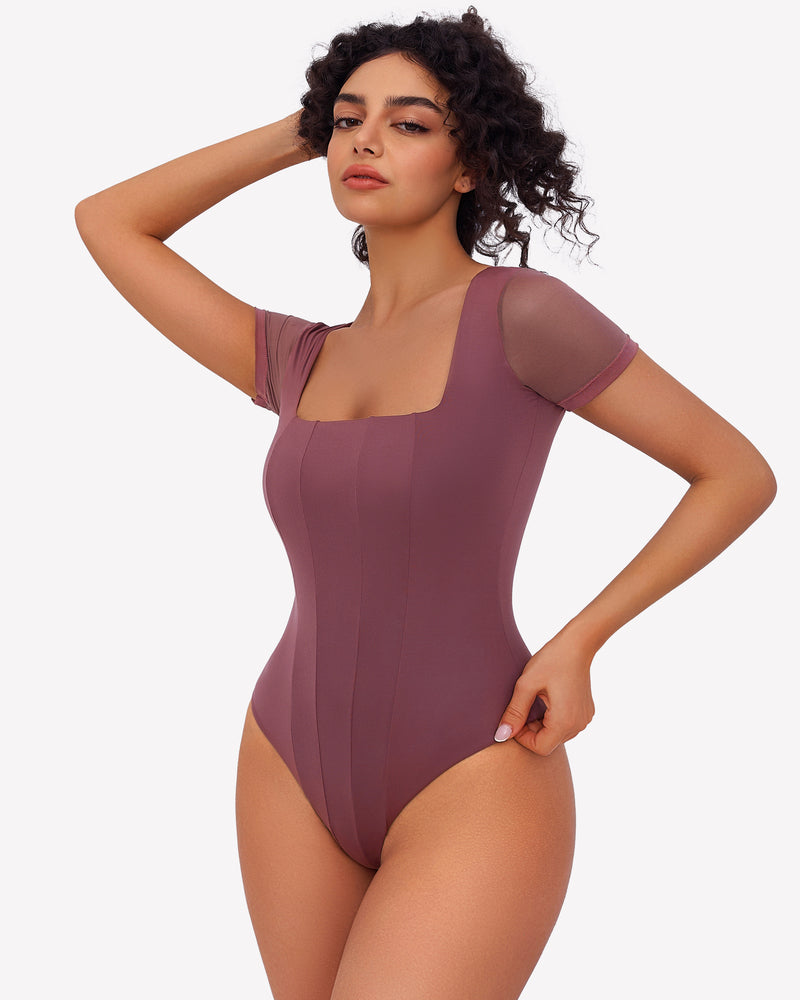 Mauve square neck mesh bodysuit with short sleeves, perfect for date night or going out ensemble