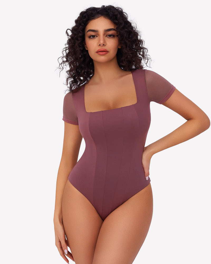 Mauve square neck mesh bodysuit with short sleeves, perfect for a date night ensemble or going out