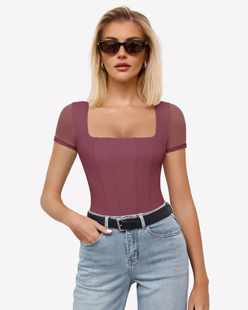 Mauve square neck mesh bodysuit with short sleeves, date night or going out ensemble