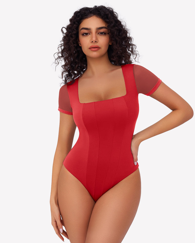 Red square neck mesh bodysuit with short sleeves, perfect for a night out or date night ensemble