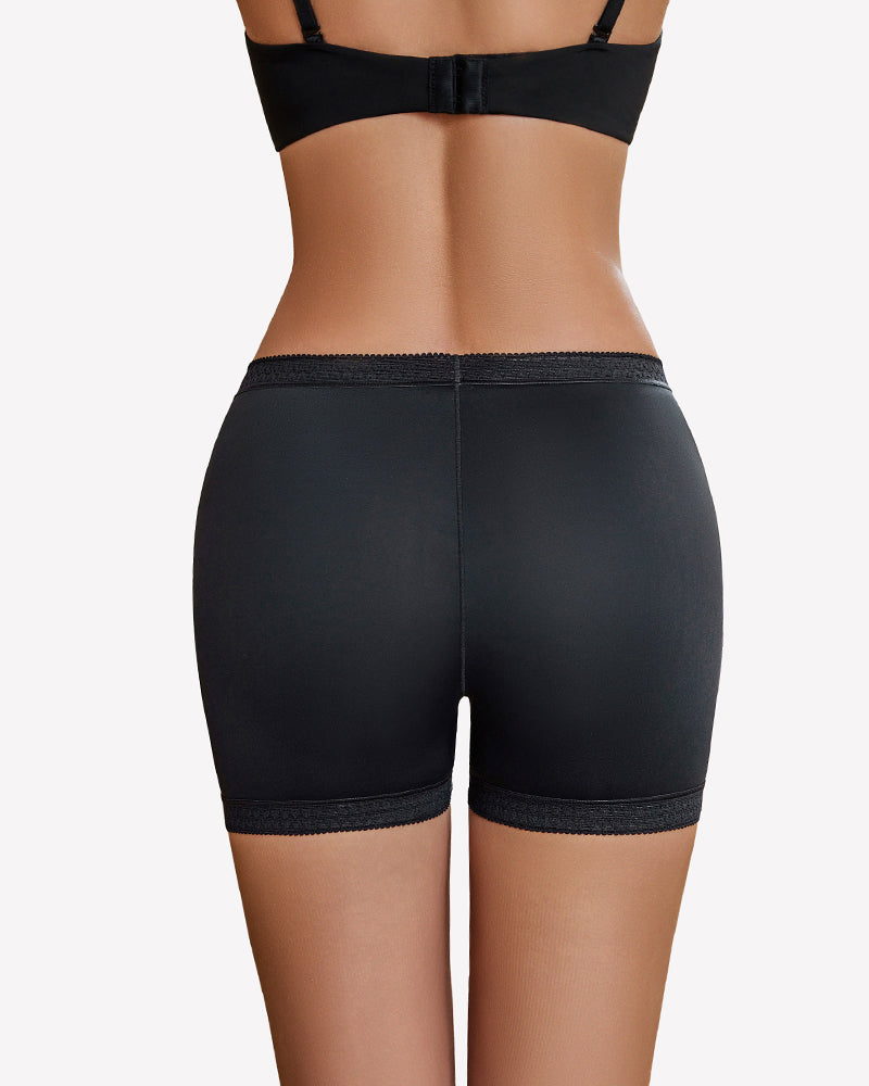 Black seamless boyshorts with lace trim, perfect for under dresses and everyday wear.