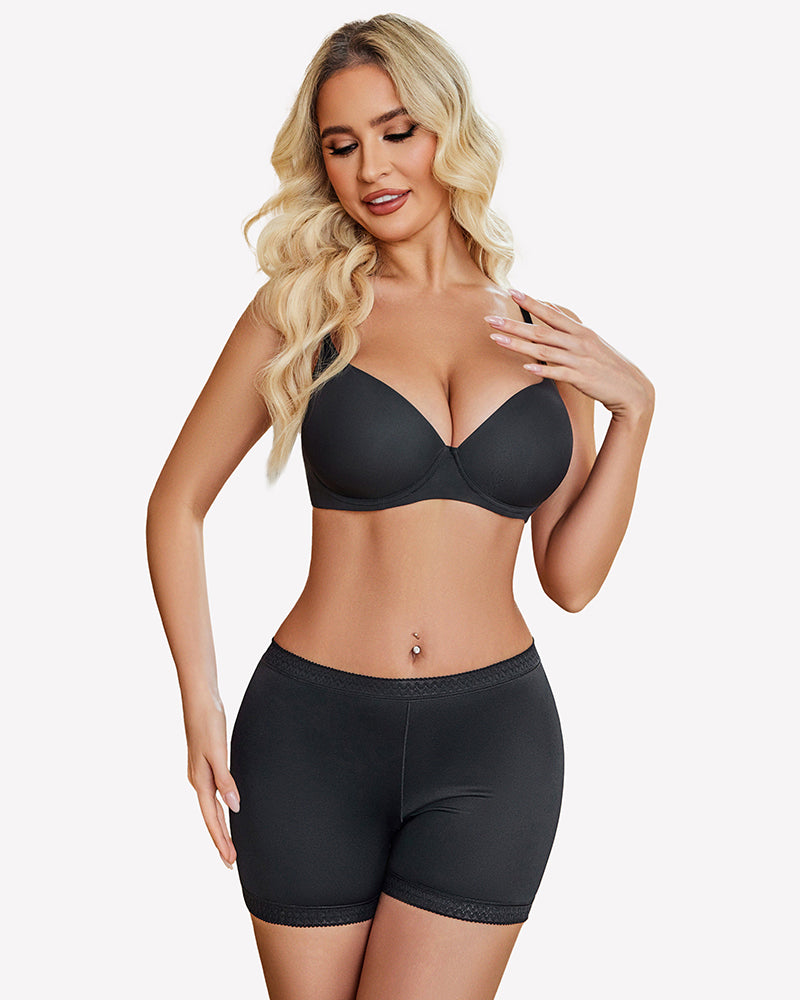 Black seamless boyshorts with lace trim, designed for comfort and confidence, perfect for layering.