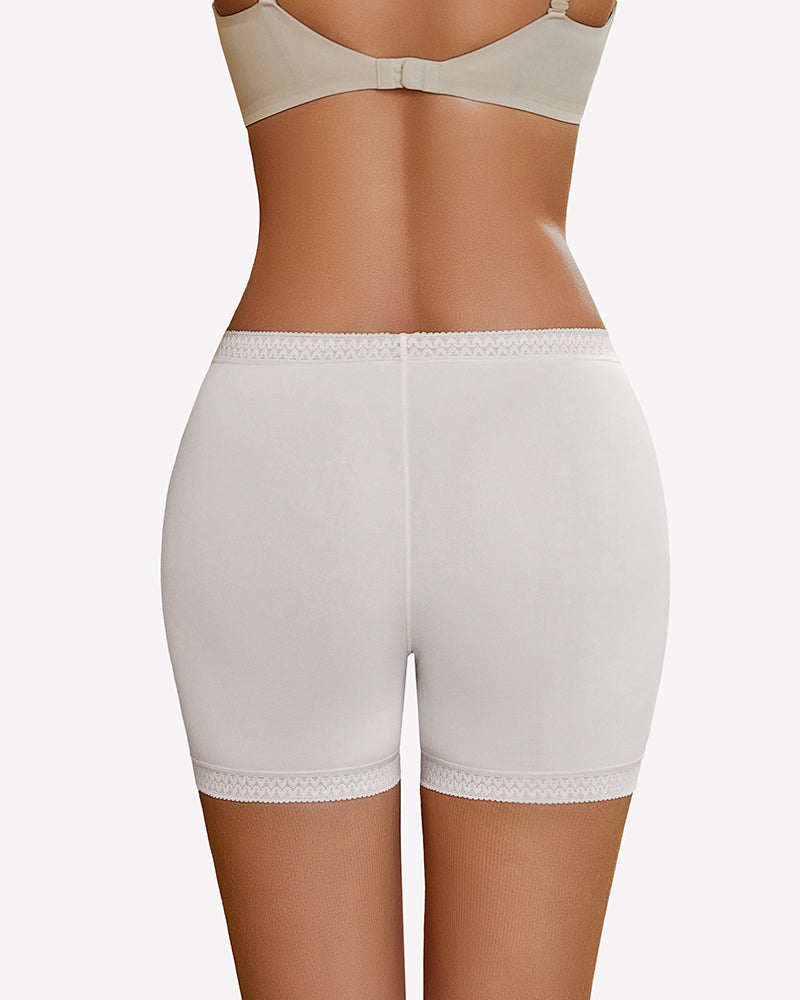 White seamless boyshorts with lace trim, comfortable and versatile for under dresses.