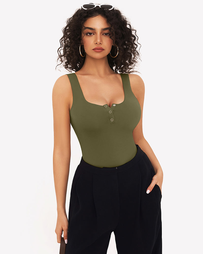 Olive green bodysuit with square neck and button detail, perfect for various occasions.