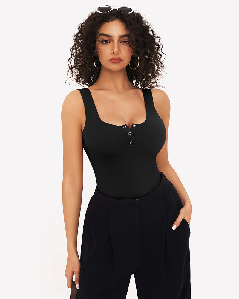 Black button down square neck sleeveless bodysuit, ideal for club, party, and daily wear.