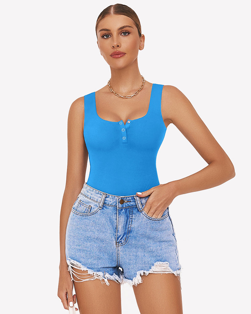 Blue button down square neck sleeveless bodysuit, ideal for club, party, and daily wear.