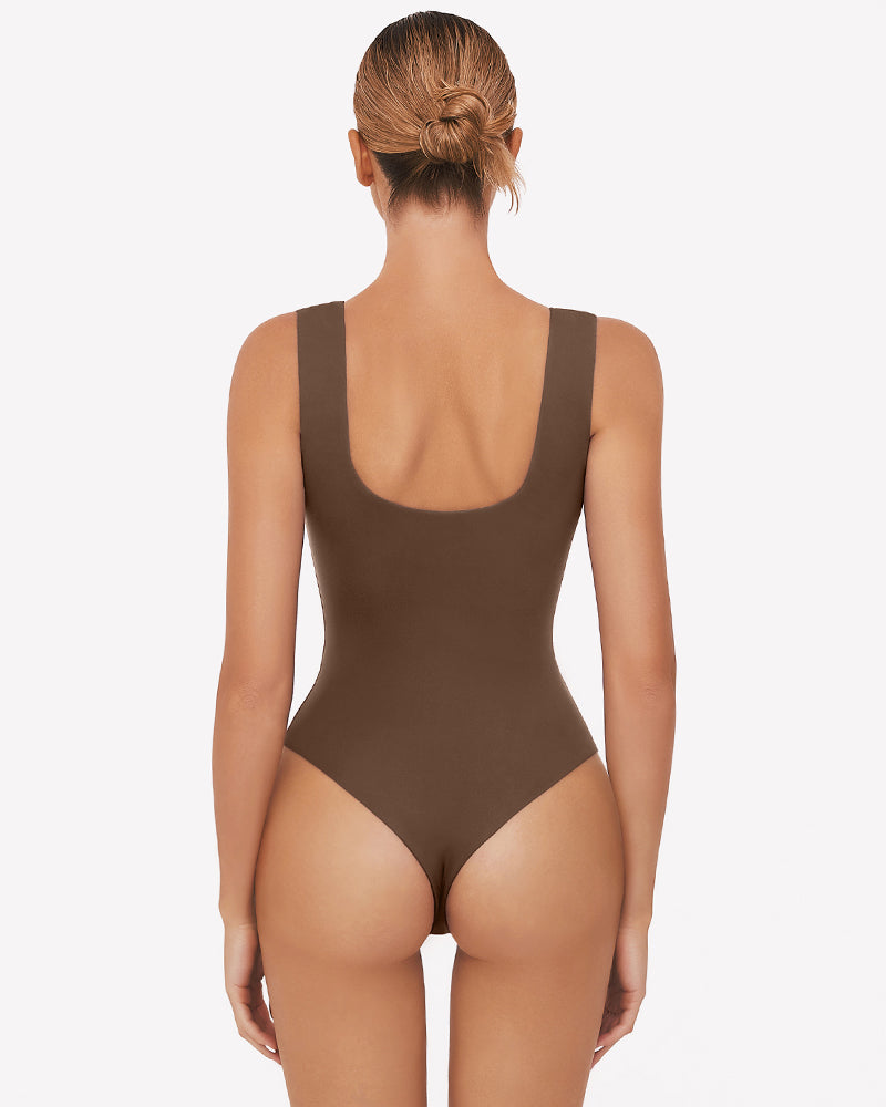 Brown square neck sleeveless bodysuit, perfect for club, party, and daily wear. High-stretch fabric.