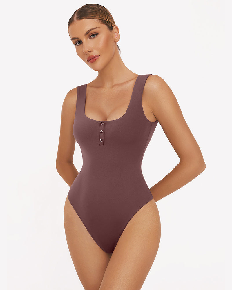 Mauve square neck sleeveless bodysuit with button detail, perfect for club, party, and daily wear.