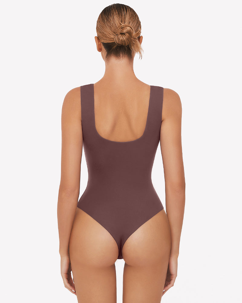 Mauve square neck sleeveless bodysuit, high-stretch fabric, perfect for club, party, and daily wear.