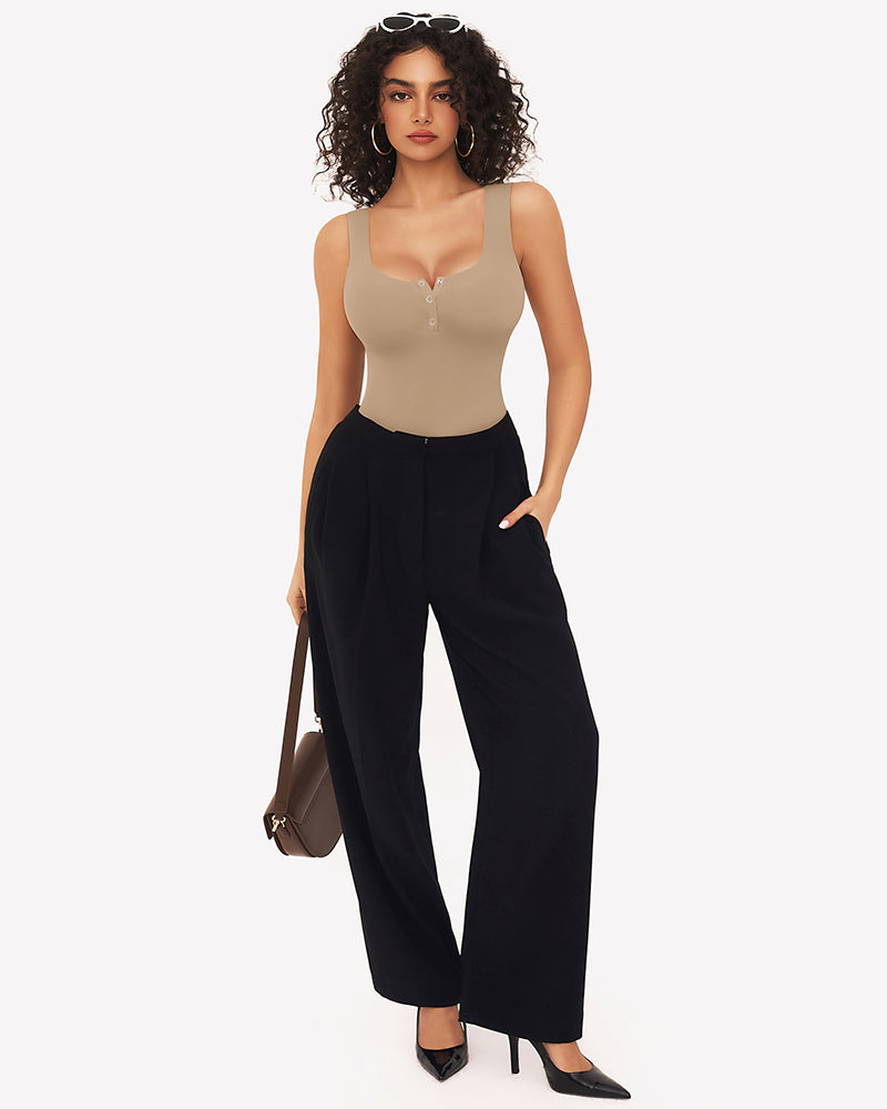 Beige button down square neck sleeveless bodysuit, black pants, perfect for various occasions.