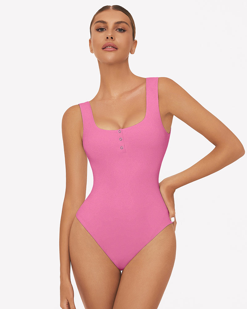 Pink square neck sleeveless bodysuit with button detail, perfect for club, party, and daily wear.