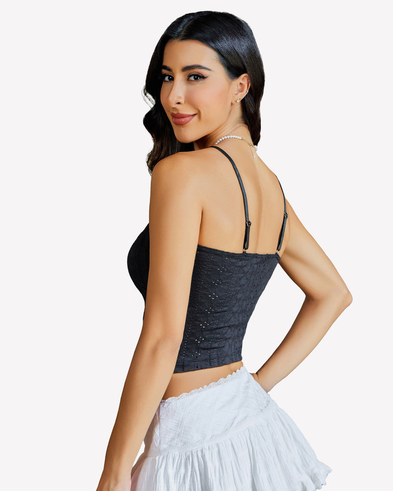 Black lace trim crop top with spaghetti straps and white mini skirt, perfect for summer outfits.