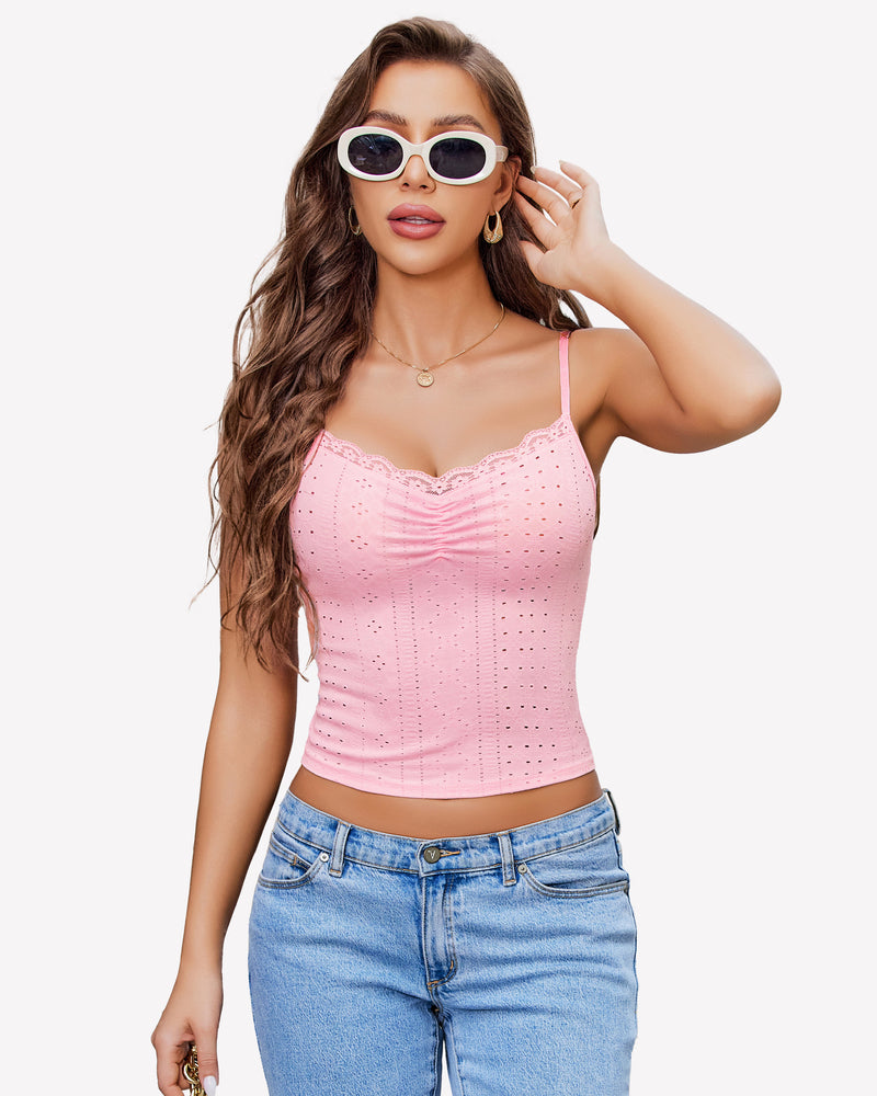 Light pink lace trim crop top with spaghetti straps and light blue jeans, summer outfit.