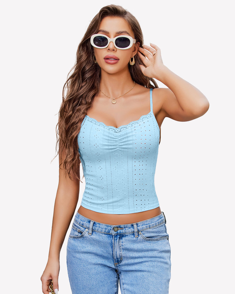 Light blue lace trim crop top, sleeveless, paired with jeans, perfect for summer outfits.