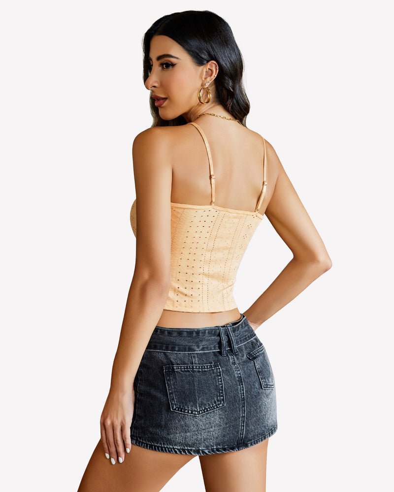 Light orange crop top with spaghetti straps and denim mini skirt, summer outfit.
