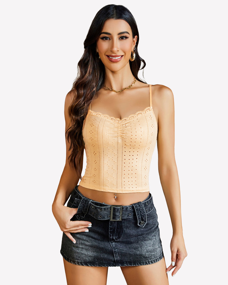 Orange lace trim crop top with spaghetti straps and denim mini skirt, summer outfit.