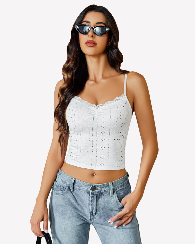 White lace trim crop top with spaghetti straps and jeans, perfect summer outfit, Avidlove lingerie