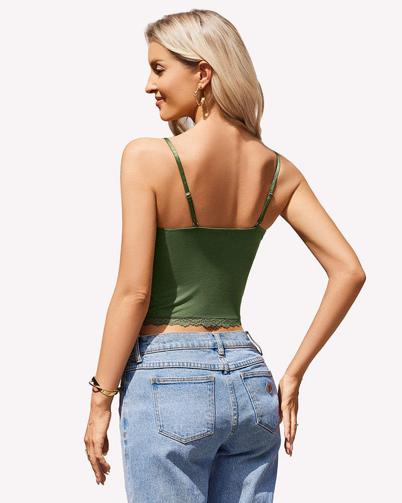 Green lace cami top, y2k style, adjustable straps and lace trim. Casual or night out.