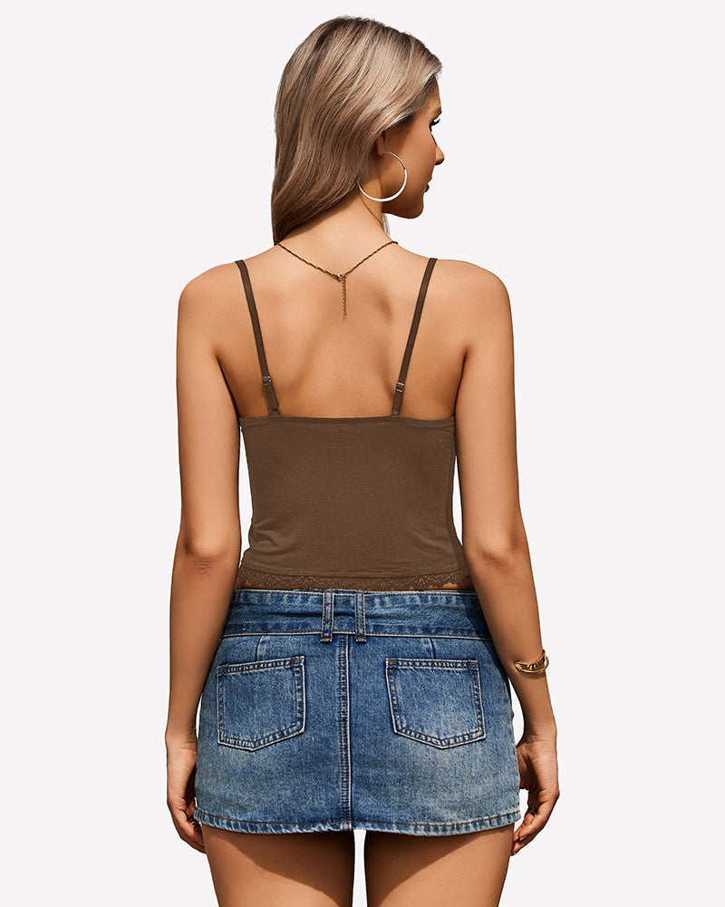 Brown lace cami Y2K top with adjustable straps, lace trim, and denim mini skirt. Sexy camisole.