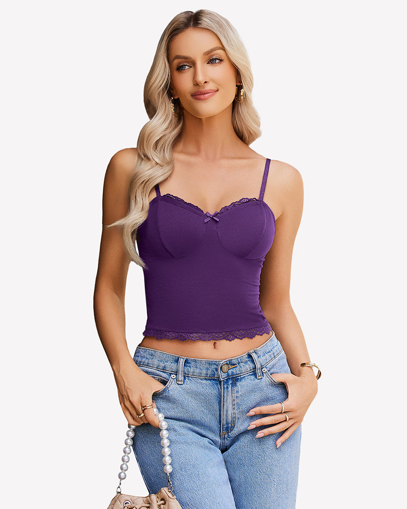 Purple lace cami Y2K top with adjustable straps and lace trim, paired with jeans. Sexy camisole.