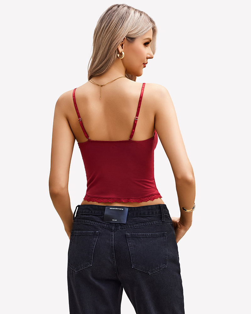 Burgundy lace cami Y2K top with adjustable straps, lace trim, and black jeans. Sexy camisole.