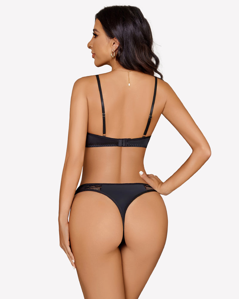 Black floral lace underwire bra and thong panty set, sexy lingerie for women, Avidlove