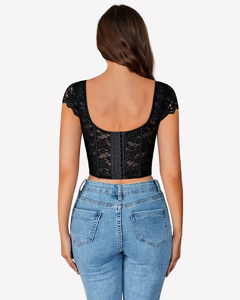 Black lace bustier cap sleeve crop top. Sexy lingerie for women, ideal for nights out.