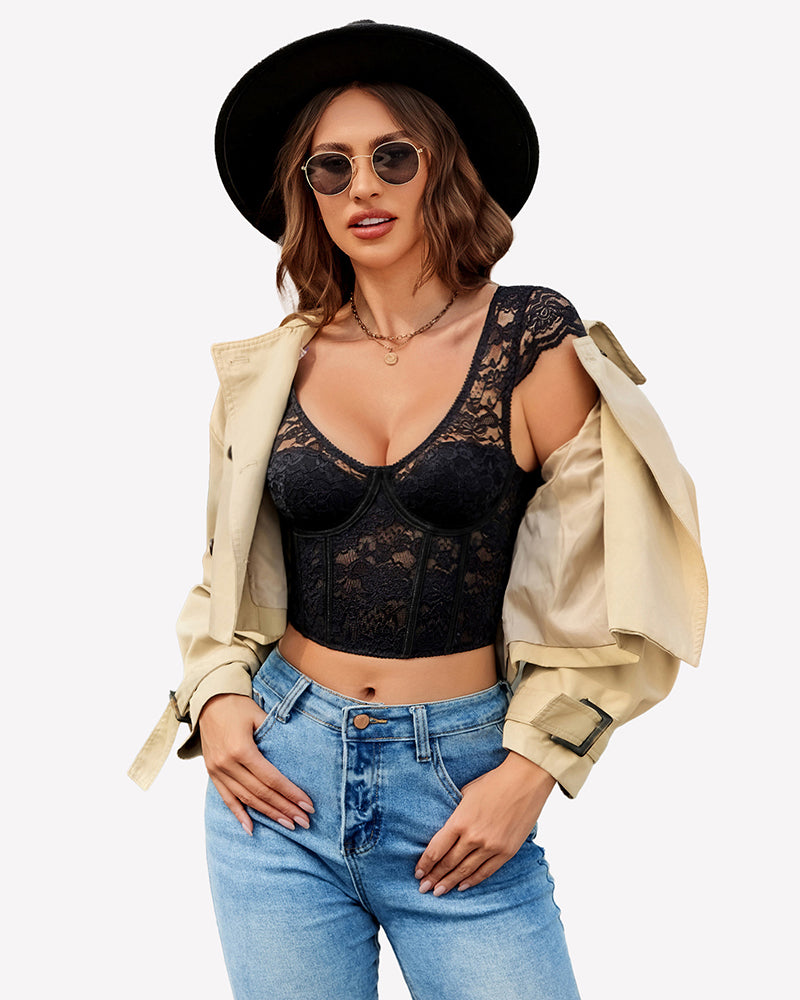 Floral lace bustier crop top in black. Stylish lingerie for women, ideal for nights out.