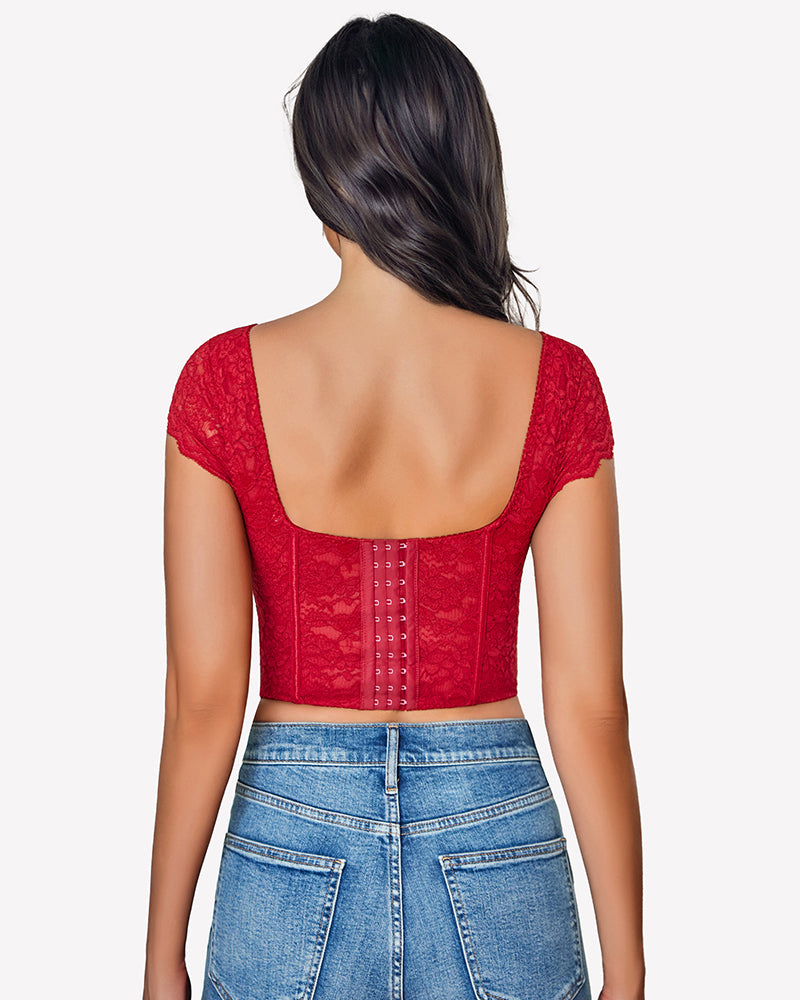 Red floral lace bustier crop top with cap sleeves, back view. Sexy lingerie for women.