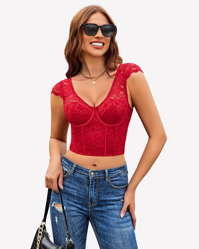 Red floral lace bustier crop top with cap sleeves. Sexy lingerie for women, ideal for nights out.