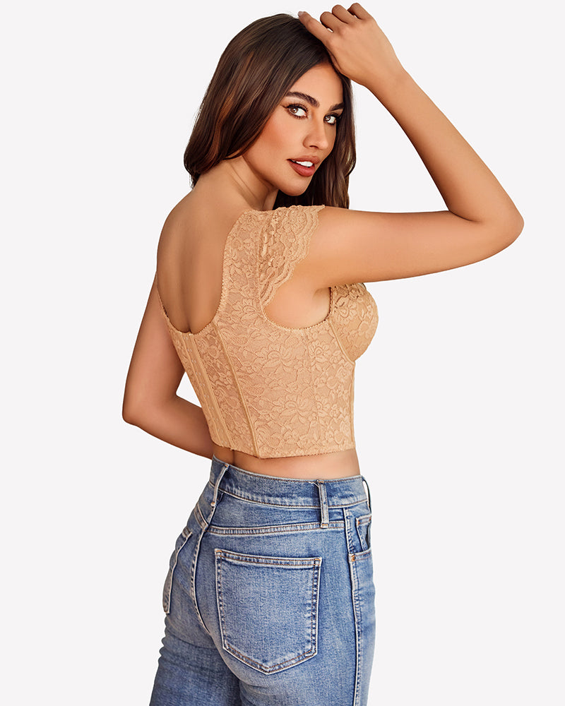 Tan floral lace bustier cap sleeve crop top. Sexy lingerie for women.