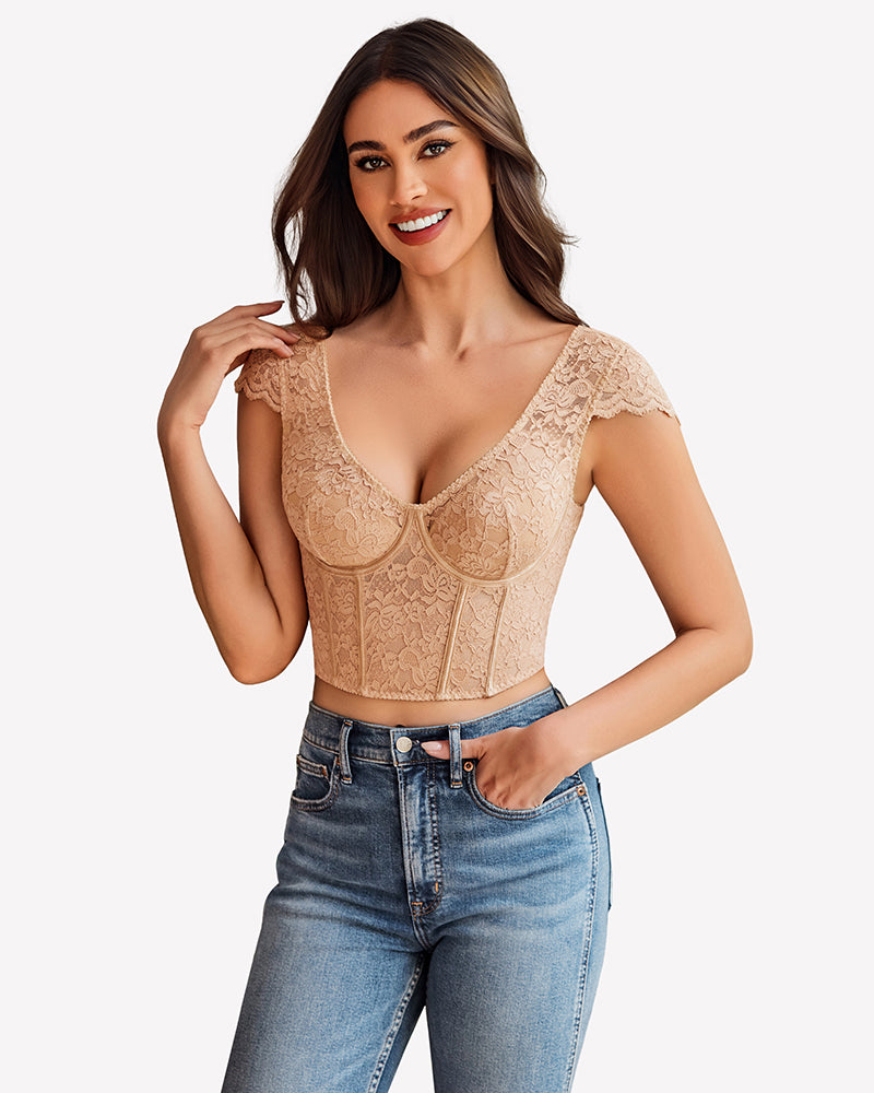 Beige floral lace bustier crop top with cap sleeves and blue jeans. Sexy lingerie.