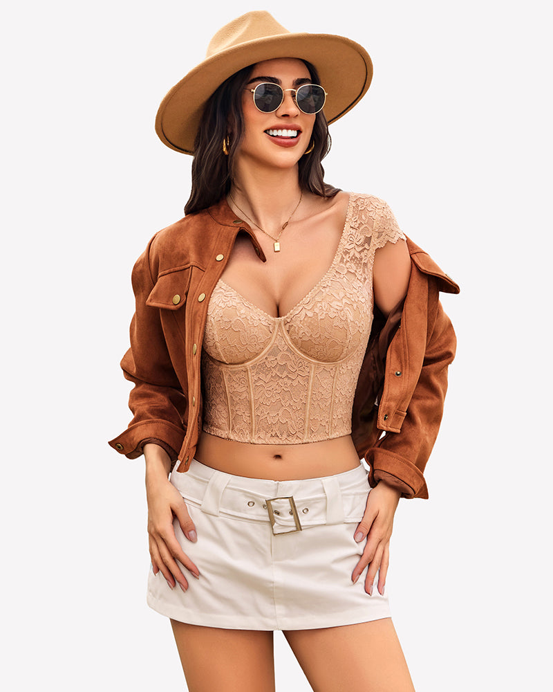 Floral lace bustier crop top with cap sleeves, styled with brown jacket and white skirt.