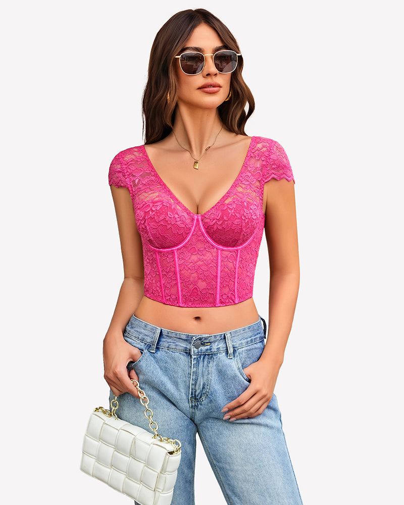 Pink floral lace bustier cap sleeve crop top with blue jeans. Sexy lingerie for women.