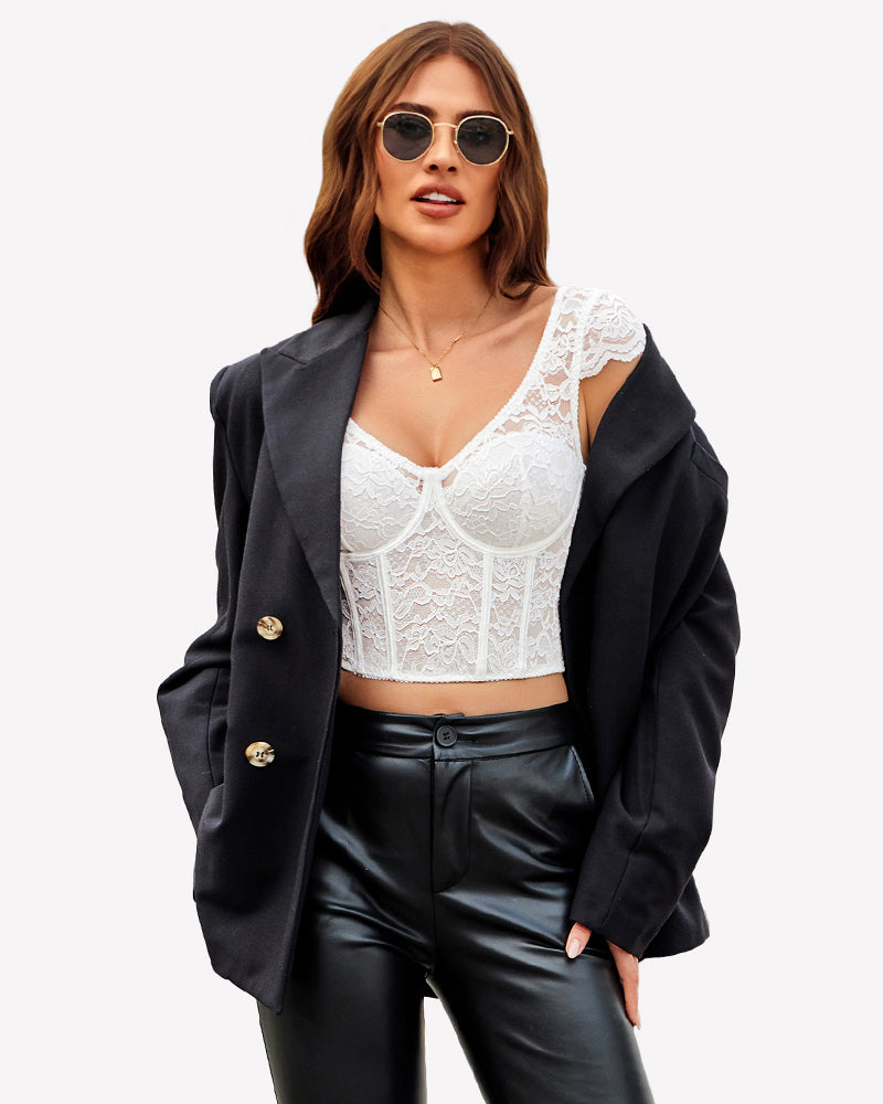 Floral lace bustier crop top with cap sleeves, styled with black blazer and leather pants.