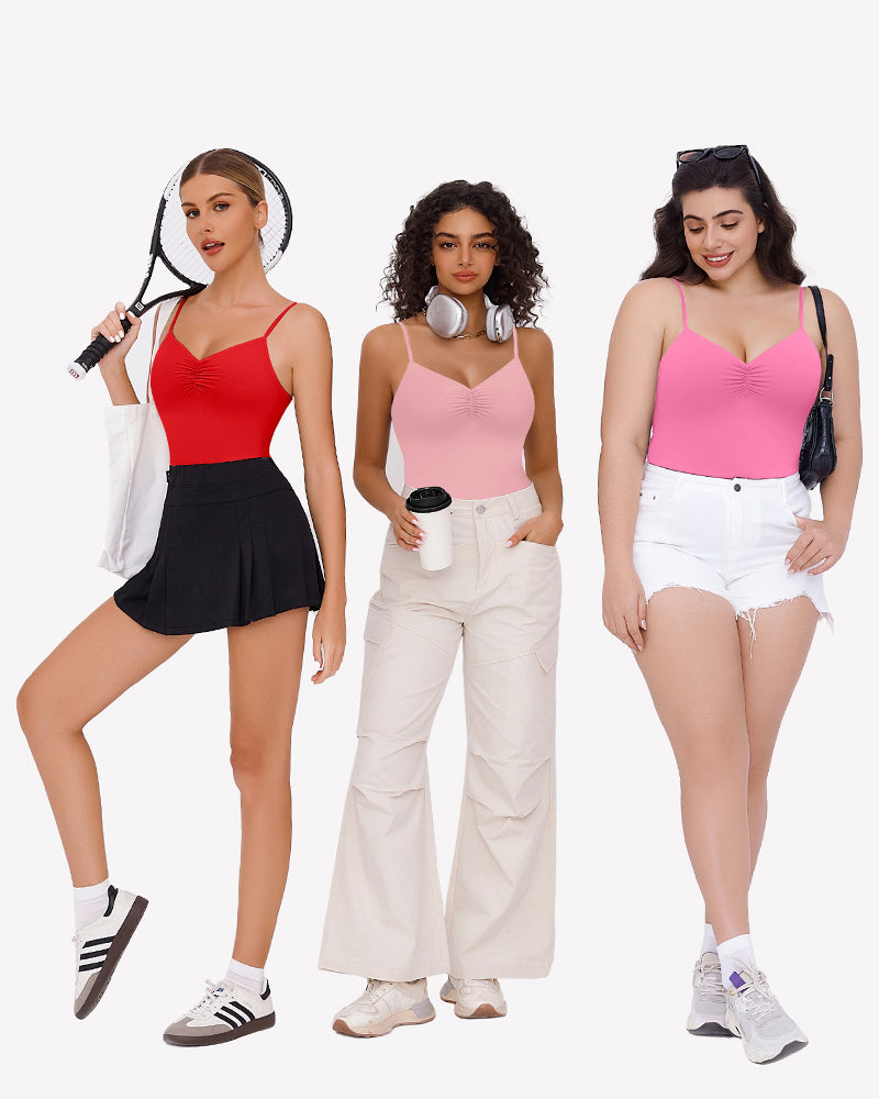 Women's Ruched V Neck Bodysuits in Red, Pink, and Rose, showcasing versatile styling options.