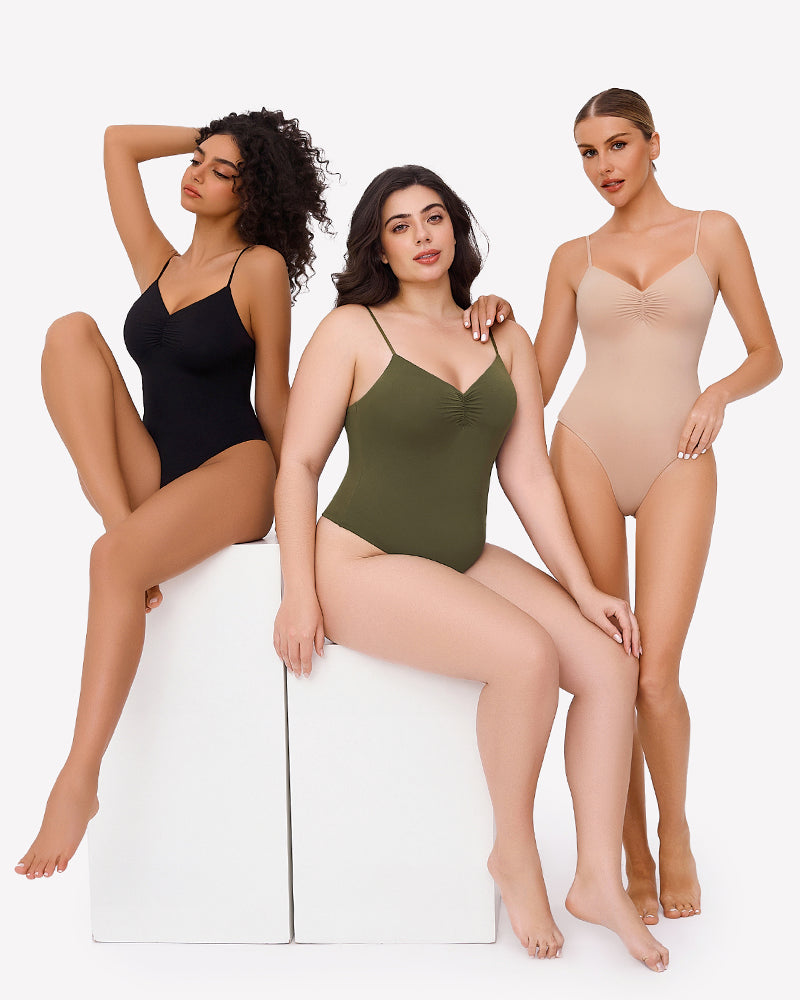Women's Ruched V Neck Bodysuits with adjustable straps in black, olive, and beige