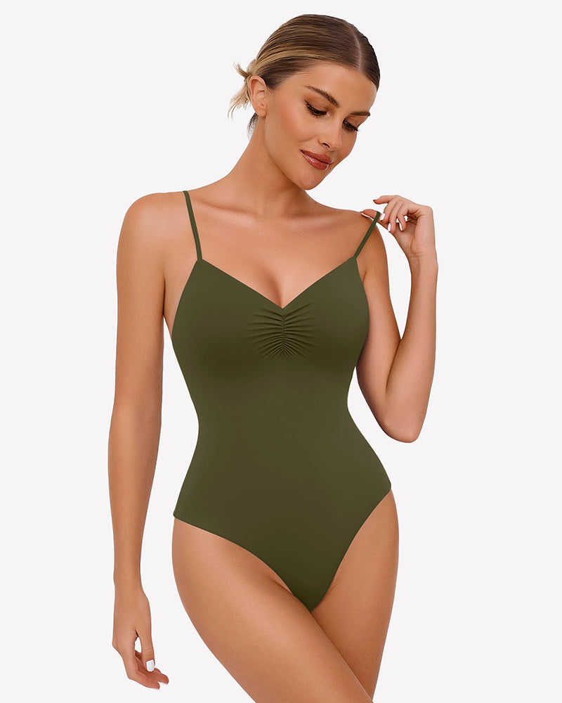 Olive green ruched V-neck thong bodysuit with adjustable straps, perfect for any occasion.