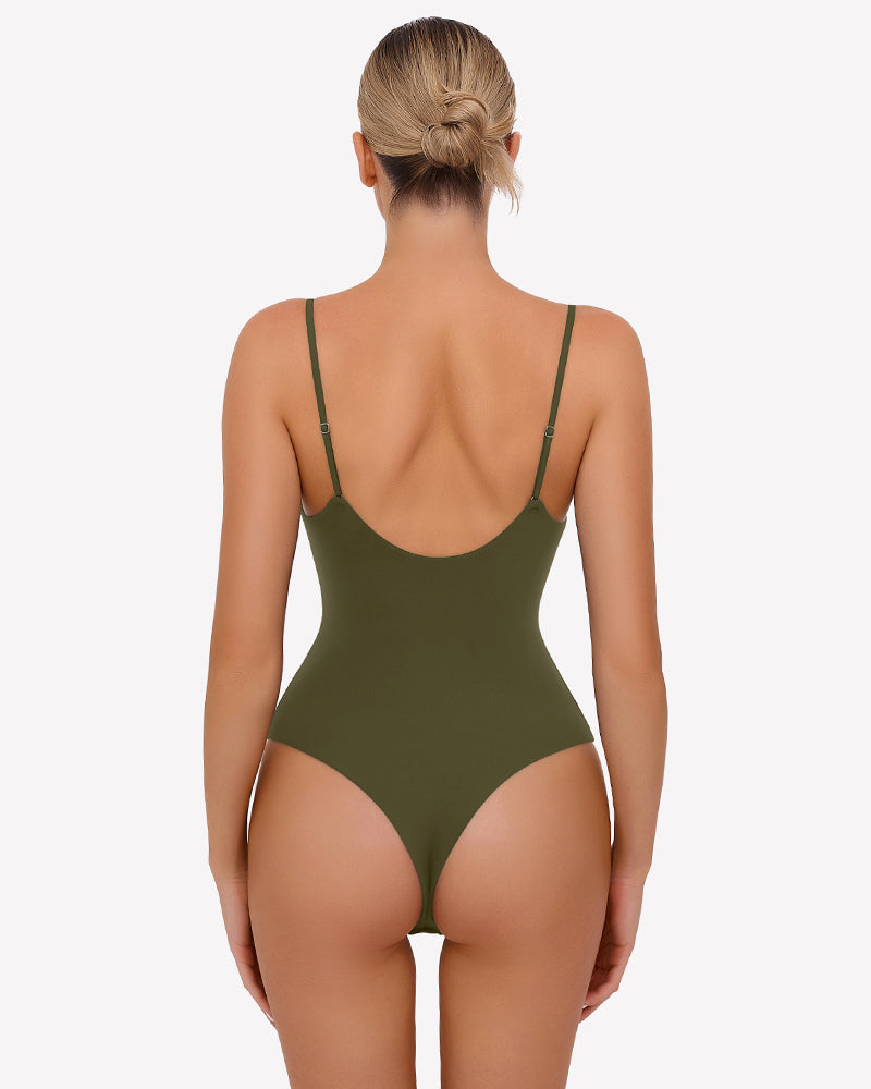 Olive green ruched V-neck thong bodysuit, adjustable straps, back view, for women.