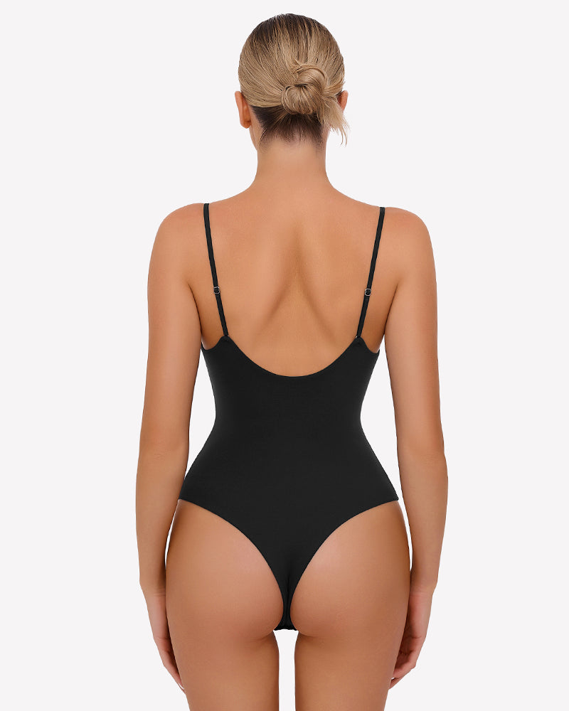 Black ruched V-neck thong bodysuit with adjustable straps, back view