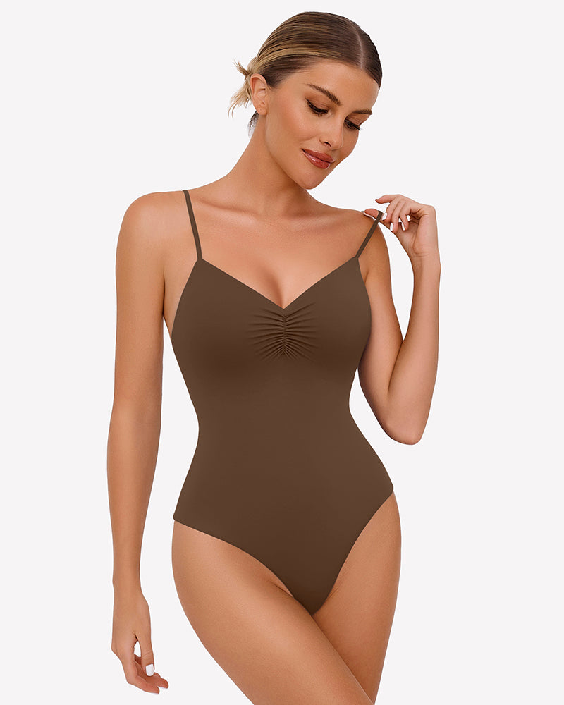 Brown ruched V-neck thong bodysuit with adjustable straps. Sexy lingerie for women.