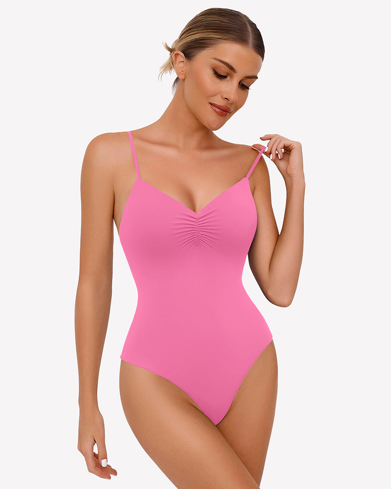 Pink ruched V-neck thong bodysuit with adjustable straps. Sexy lingerie for women.